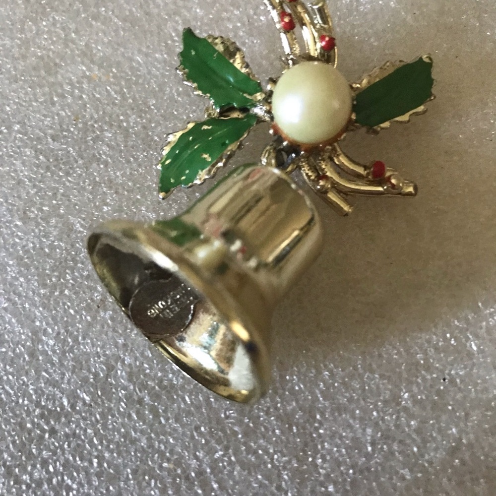 Holiday Silver Bell Pendant with Green Enamel Holly brooch